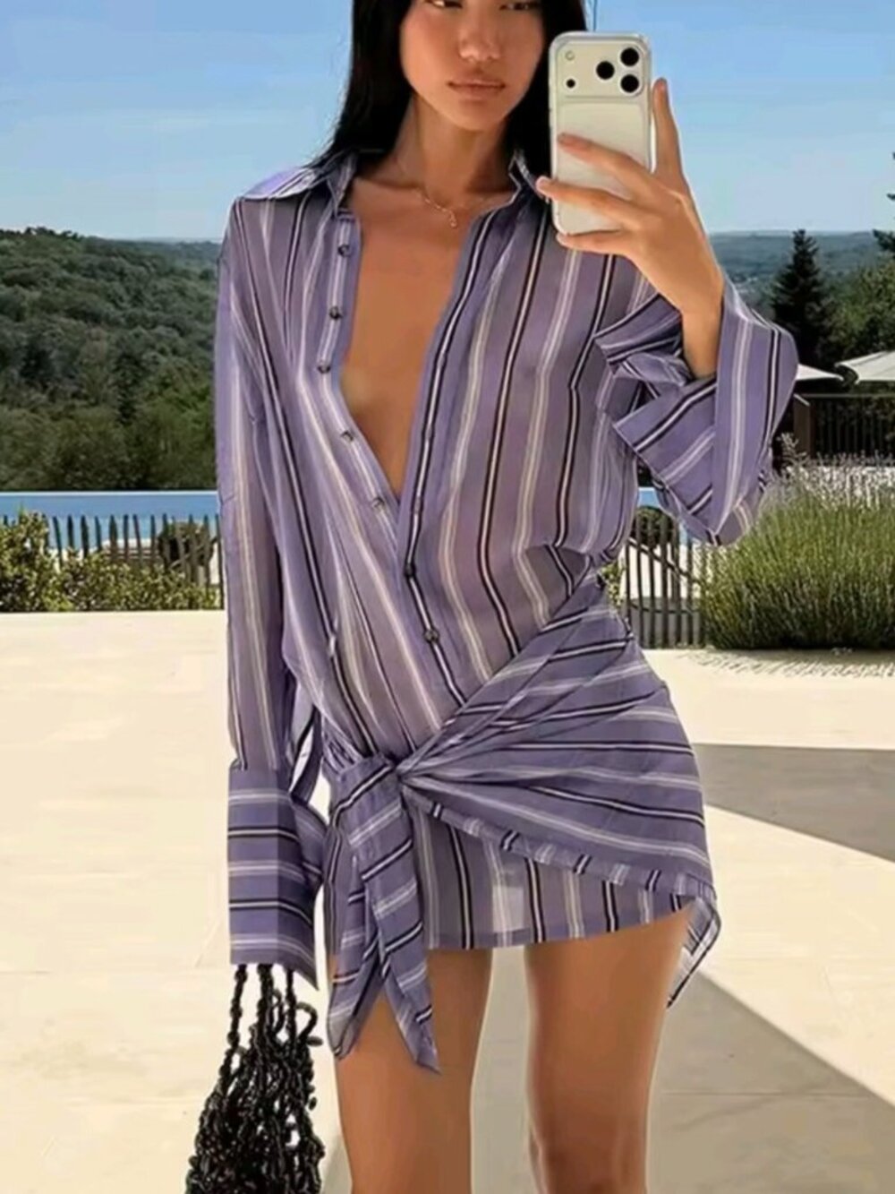 Sexy Striped Shirt Style Women's Mini Dress Holiday Turndown Collar Long Sleeve